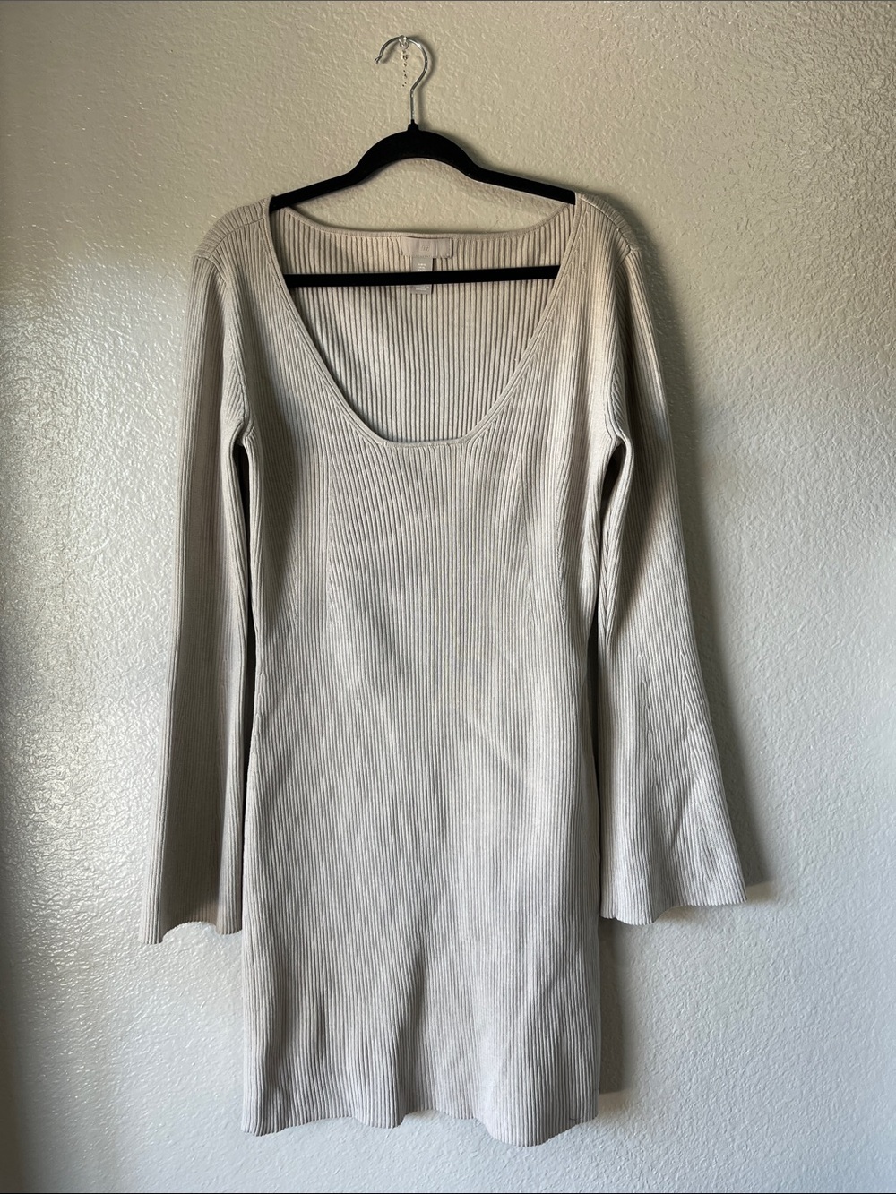 H&M Cream Ribbed Scoop-Neck Long Sleeve Mini Dress Sz XL Boho Feminine Party